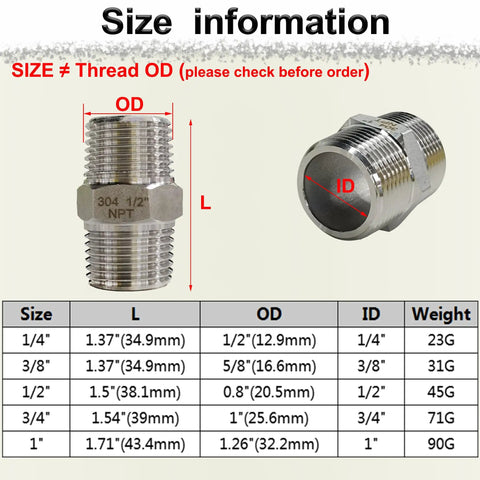 Three Eighths Inch NPT Male Hex Nipple Fittings Set, 304 Stainless Steel Pipe Adapters Equal Nipples Connectors, size chart