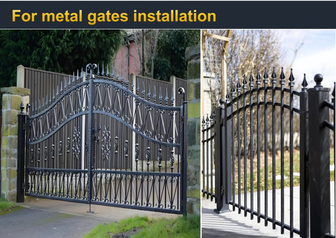 Heavy Duty Gate Hinges Pair Seven Inch Thick Solid Steel Rated For 1100 Lbs Mean Machine Hardware installed on metal gates.