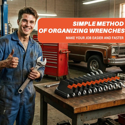 Mechanic holding wrench with 64 Piece Modular Wrench Organizer Set For Tool Drawers With Customizable Grid And Metric SAE Labeling
