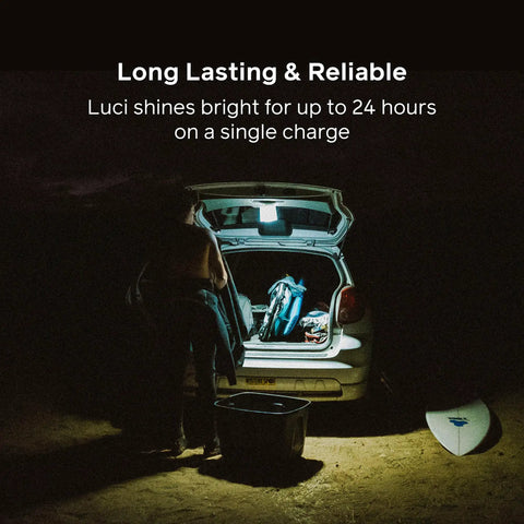 Luci Original Solar Inflatable Camping Lantern With USB C Recharge lighting up a car trunk at night during a camping trip.