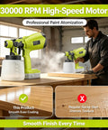 Cordless HVLP Paint Sprayer With 200W Brushless Motor And Roomy Cup used by a man for applying smooth paint finish on wood.