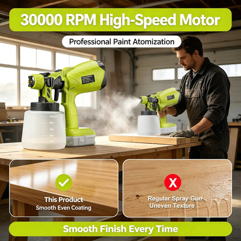 Cordless HVLP Paint Sprayer With 200W Brushless Motor And Roomy Cup used by a man for applying smooth paint finish on wood.