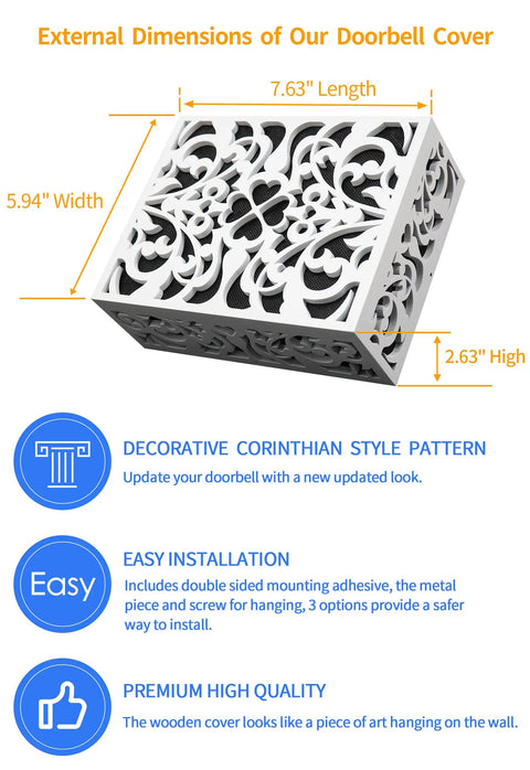 Doorbell Chime Cover Box Only White Wall Mount Door Bell Cover With Wood Piano Finish Decorative Chime Box Standard Size 7.63 x 5.94 Inches