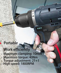 Close-up of No Sweat Cordless Drill And Screwdriver Power Tool Kit, showcasing portable design and adjustable torque settings.