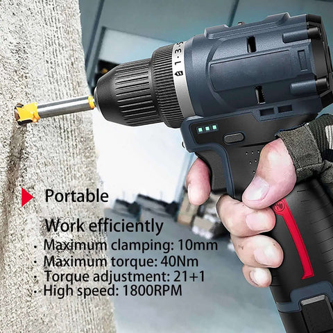 Close-up of No Sweat Cordless Drill And Screwdriver Power Tool Kit, showcasing portable design and adjustable torque settings.