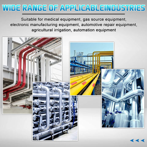 Industrial piping system collage: stainless steel and painted red/yellow pipes.