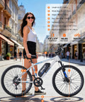 Woman standing with High Power 1000W Electric Mountain Bike For Adults With 26 Inch Frame Removable Battery in city street