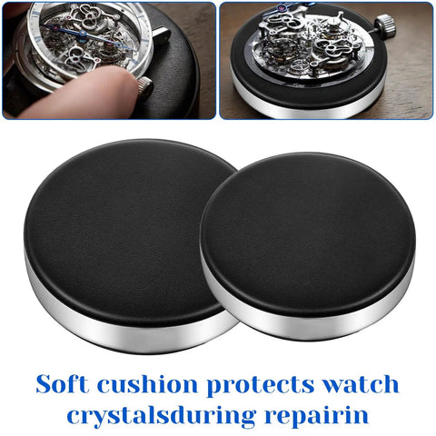 Two Piece Leather Watch Cushion Set With Round Movement Holder Non Slip Watchmaking Tools For Movement Changing And Battery Repair