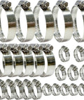 Stainless Steel Hose Clamps Assortment Kit Twenty Five Pieces Worm Gear Hose Clamp Adjustable From One Quarter Inch To Two And One Quarter Inch For Plumbing Automotive And Mechanical Applications Durable Corrosion Resistant 304 Stainless Steel, showing various size clamps in a set