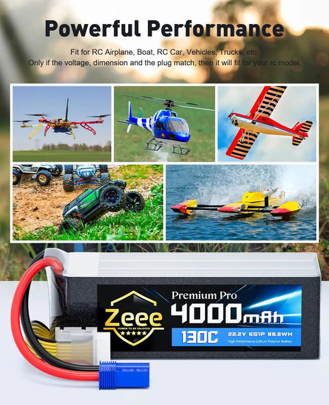 Collage showing RC models with Beefy 6S LiPo Battery 4000mAh 22.2V 130C With EC5 Connector Ultra Low Internal Resistance Soft Case