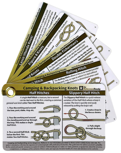 Outdoor Knot Cards 22 Knots For Camping Backpacking And Scouts in fan layout showing Half Hitches and Fisherman's knot diagrams.