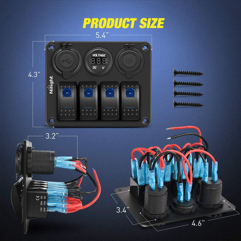 Four Gang Rocker Switch Panel Waterproof Aluminum Pre Wired With Plug And Play Dual USB Ports And Cigarette Lighter Socket Voltmeter 12V 24V DC ON OFF Switch Panel For Cars RVs Trucks Easy DIY Power Control, dimensions and wiring shown