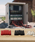 Five Pair Badass Tinned Copper Power Connectors 45A 600V Quick Disconnect in a power distribution box with wiring.