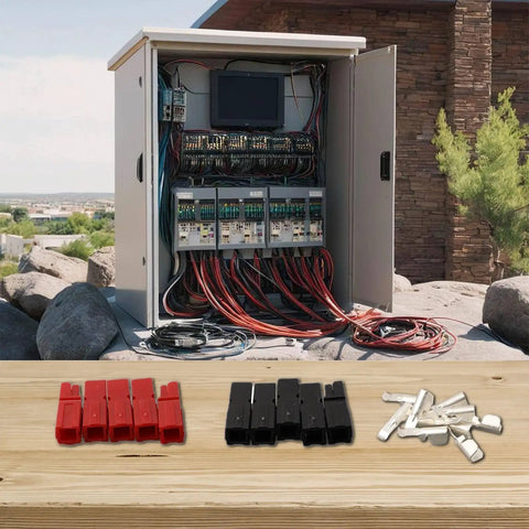 Five Pair Badass Tinned Copper Power Connectors 45A 600V Quick Disconnect in a power distribution box with wiring.