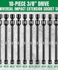 Three Eighths Inch Drive Pinless Universal Impact Extension Socket Set Built From Cr-Mo Steel For Maximum Torque And Flexible Reach In Tight Engine Bays, 10-piece 3/8-inch drive metric set 10-19mm