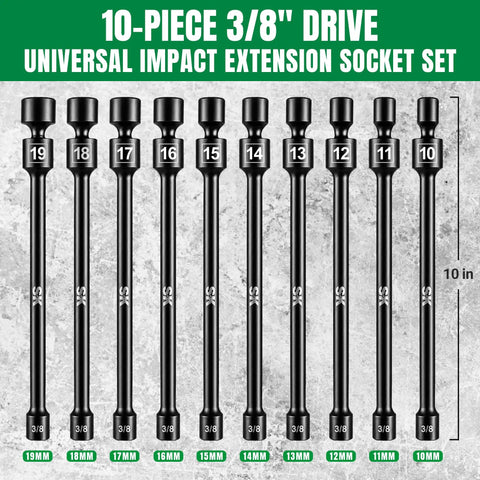 Three Eighths Inch Drive Pinless Universal Impact Extension Socket Set Built From Cr-Mo Steel For Maximum Torque And Flexible Reach In Tight Engine Bays, 10-piece 3/8-inch drive metric set 10-19mm