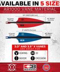 X Vane 3 Inch Hunting And 3D Crossbow Vane Neon Yellow 36 Pack with measurements for red and blue vanes, AR1000 material.