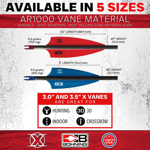 X Vane 3 Inch Hunting And 3D Crossbow Vane Neon Yellow 36 Pack with measurements for red and blue vanes, AR1000 material.
