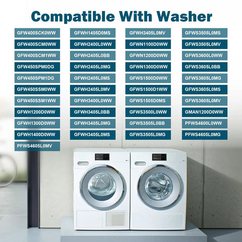 Front Load Washer Drain Pump Assembly Replacement Works With GE Models WH23X10038 And WH23X25461 120V 60Hz With Removable Filter Plug And Play For Easy Install And Quiet Operation, compatible washer models shown