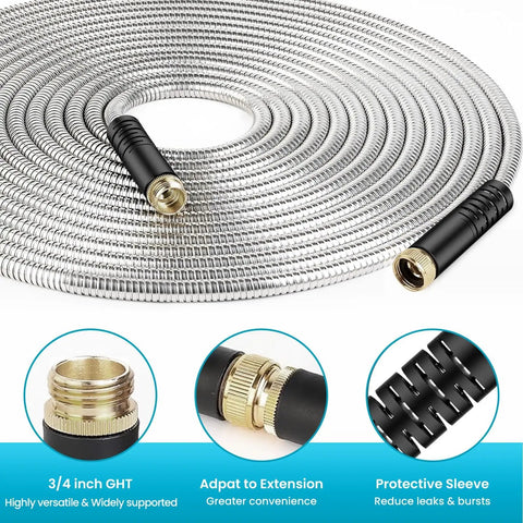Heavy Duty Metal Garden Hose With Stainless Steel Braided Construction, One Hundred Foot Length, Three Quarter Inch GHT