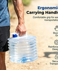Person carrying Foldable Water Storage Container With Spigot For Camping And Outdoor Adventures, 10L, ergonomic handle, leakproof
