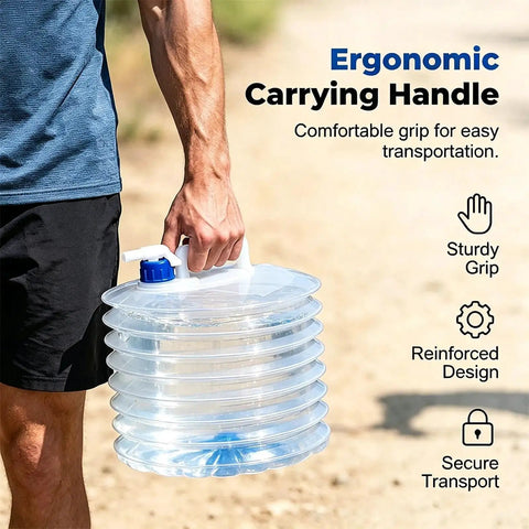 Person carrying Foldable Water Storage Container With Spigot For Camping And Outdoor Adventures, 10L, ergonomic handle, leakproof