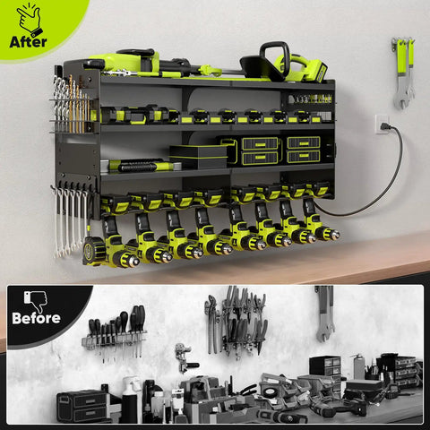Rugged Power Tool Organizer Wall Mount With Charging Station, 4 Layer Heavy Duty Metal Tool Rack Holds 600 Lbs in garage