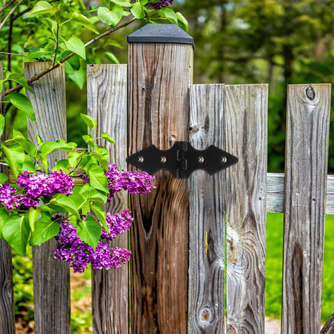 Matte Black 10 Pack Heavy Duty Fence Gate Hinges on wooden garden fence with purple flowers