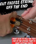 Guitar String Winder, Cutter and Bridge Pin Puller in use on guitar headstock; orange-handled tool