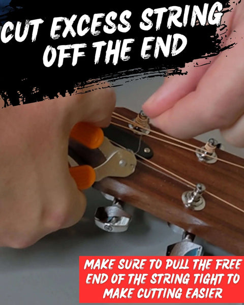 Guitar String Winder, Cutter and Bridge Pin Puller in use on guitar headstock; orange-handled tool