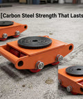 Set Of Four Heavy Duty Machinery Mover Skates With 360 Degree Swivel For Industrial Machines, Beefy Carbon Steel Moving Skates For CNCs, Stamping Presses, And Warehouse Gear, Rugged And Easy Roll orange carbon steel mover skate with swivel plate