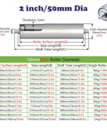 Diagram of 2-inch diameter industrial conveyor belt roller specs, part of set of 10 heavy duty industrial conveyor belt rollers replacement.