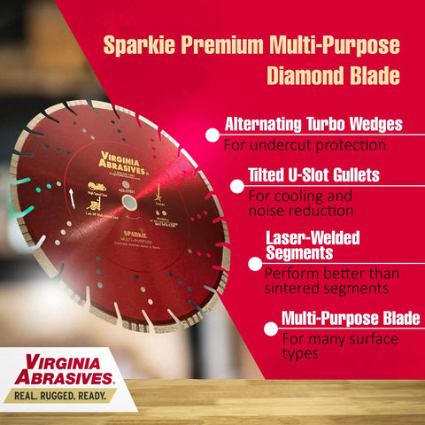 Sparkie Premium Multi-Purpose Diamond Blade showcasing alternating turbo wedges and tilted U-slot gullets.