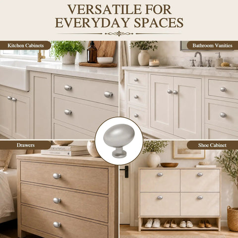 Premium 2 Pack Oval Cabinet Knobs And Drawer Pull Handles Featuring Slick Brushed Nickel Finish, showcased on kitchen and bathroom furniture.
