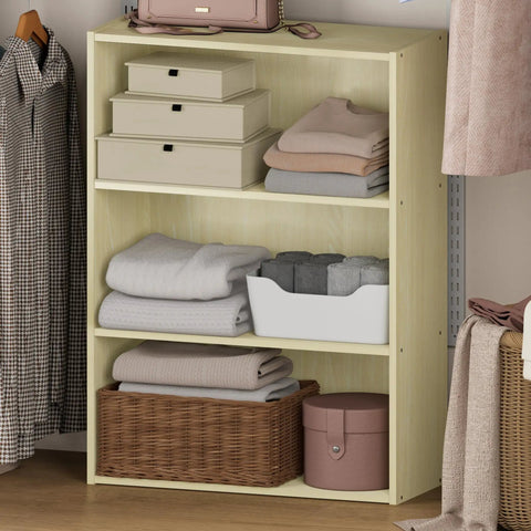 Kick Your Daily Mess To The Curb With This Real Deal Three Tier Closet Organizer In Warm Steam Beech Wood, Built Tough For Tight Bedrooms And Zero Headache Setup, Featuring Smooth Open Shelves For Dependable Home Organization - organized closet with clothes and storage boxes.