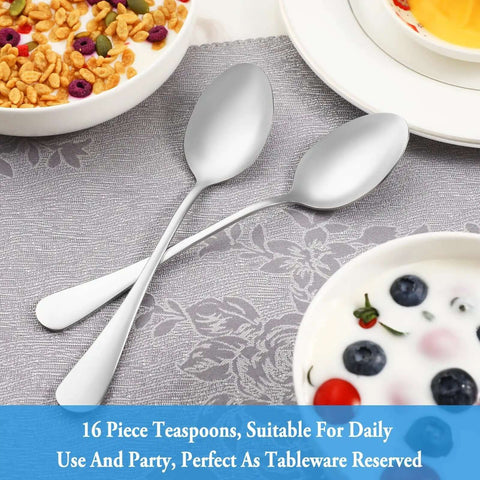 Two 6.7 inch teaspoons from 16 Piece Teaspoon Set In Premium Food Grade Stainless Steel on table with cereal and berries.