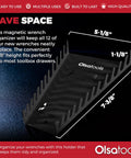 Must Have 12 Slot Wrench Organizer With Magnetic Backing Wall Mount Rack For Stubby And Full Size SAE And Metric Wrenches Heavy Duty Black Professional Grade Tool Storage For Garage And Shop, showing dimensions and black material.