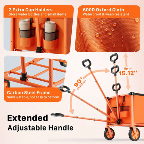 29.3 Inch Collapsible Wagon Cart With 150L Capacity And 260 Lb Load, orange cart with adjustable handle, cup holders, waterproof fabric