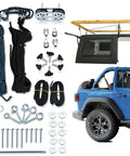 Heavy Duty Jeep Wrangler Hard Top Removal Lift Hoist With Self Levelling Design And Safety Anti-Drop Feature For Easy Roof Access And Secure Lifting Up To Two Hundred Pounds components and tools displayed.