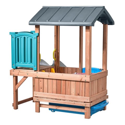 Woodland Adventure Playhouse With Slide And Swings Outdoor Kids Playset For Backyard Storage Drawer durable wood and plastic