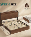 Queen Size Bed Frame With Storage Headboard And Two Drawers Mid Century Modern Platform Bed Featuring Built In Charging Station And Smart Shelf dimensions and details displayed in rich walnut finish