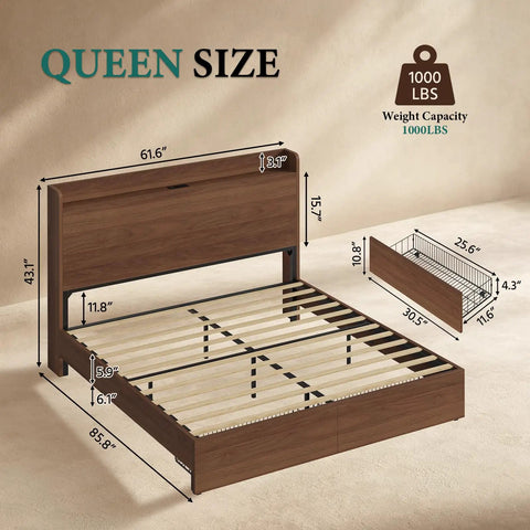 Queen Size Bed Frame With Storage Headboard And Two Drawers Mid Century Modern Platform Bed Featuring Built In Charging Station And Smart Shelf dimensions and details displayed in rich walnut finish