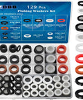 Solid As A Rock 129 Piece Garden Hose Washer And Shower Gasket Assortment Kit includes rubber seals and filter screens in storage box.