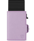 Pop Up Wallet For Women With RFID Blocking Slim Card Holder For Small Purses And Crossbody Bags Quick Card Access 4-6 Card Capacity Ultra Compact Minimalist Wallet For Everyday Carry Grab And Go Ready, lavender leather with cards extended