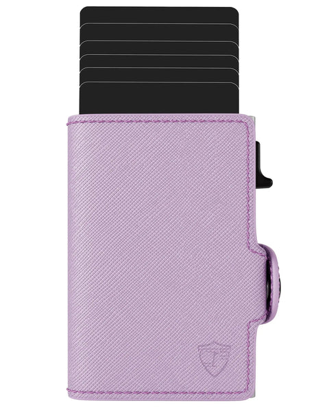 Pop Up Wallet For Women With RFID Blocking Slim Card Holder For Small Purses And Crossbody Bags Quick Card Access 4-6 Card Capacity Ultra Compact Minimalist Wallet For Everyday Carry Grab And Go Ready, lavender leather with cards extended