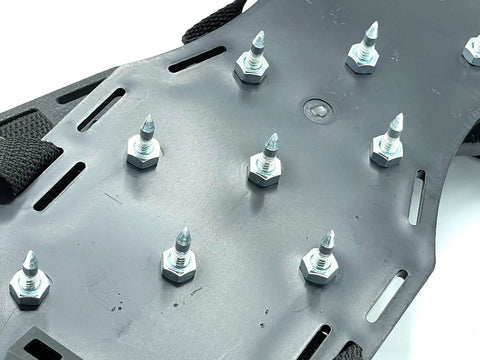 Pro Grade Spiked Over Shoes For Screeding And Aeration, 25mm Spikes, Snap Strap Secure Fit, close-up of sole with 13 spikes