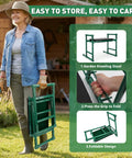 Heavy Duty Garden Kneeler And Seat With Anti Tip Design Foldable Garden Bench shown folded and carried by woman in garden