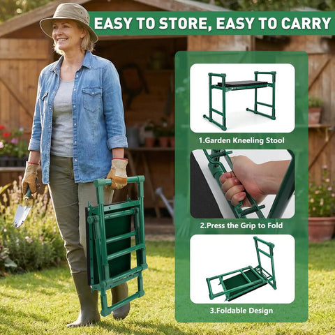 Heavy Duty Garden Kneeler And Seat With Anti Tip Design Foldable Garden Bench shown folded and carried by woman in garden