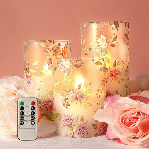 Pink Flameless Candles With Remote Timer, Flickering Glass Pillar Candles For Romantic Vibes, Rose Themed Decor, Remote Included