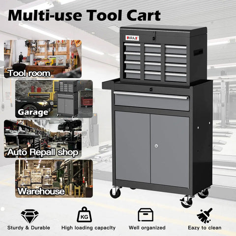 40 Inch Rolling Tool Chest With 7 Drawers And Detachable Top Box Portable Steel Tool Cabinet With Liners Heavy Duty Mobile Storage For Garage Workshop Warehouse Black Finish, front view